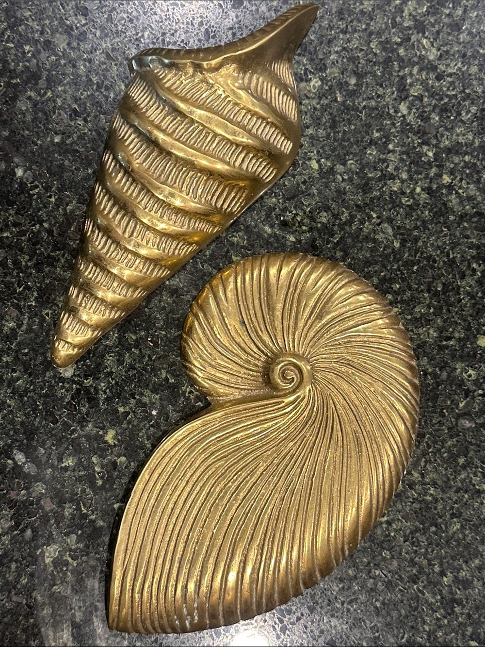 Vintage Brass mcm coastal Nautical Shell nautilus wall decor pair heavy metal